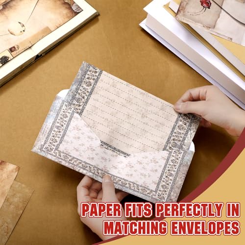 Image of TaoBary 160 Pcs Vintage Stationary Letter and Envelopes Set Retro Stationary Set 50 Double Sided Lined Stationery Paper with 50 Matching Envelopes and 60 Round Dot Sticker for School Students Writing
