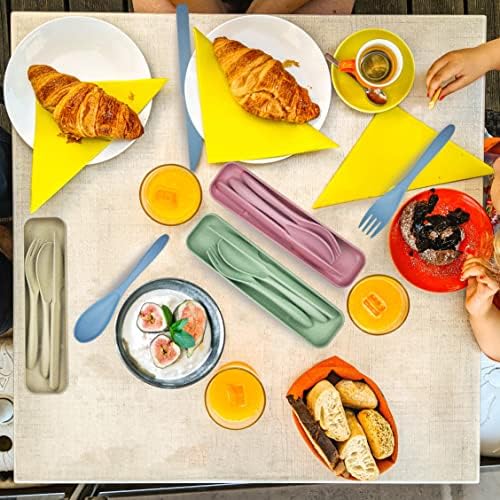 Travel Cutlery Set with Case,Portable Camping Cutlery,2 Pack Plastic Cutlery Set Reusable Forks Spoon Tableware for Kids Adult Travel Picnic Camping School or Daily Use (Blue+Yellow)