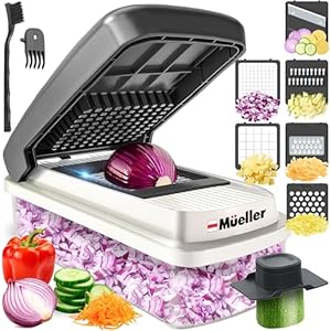 Mueller Vegetable Chopper Mandoline Slicer, Food Veggie Chopper, Cheese Grater, Onion Vegetable Cutter with Container, Dicer, Kitchen Gadgets & Essentials, White Sand/Grey