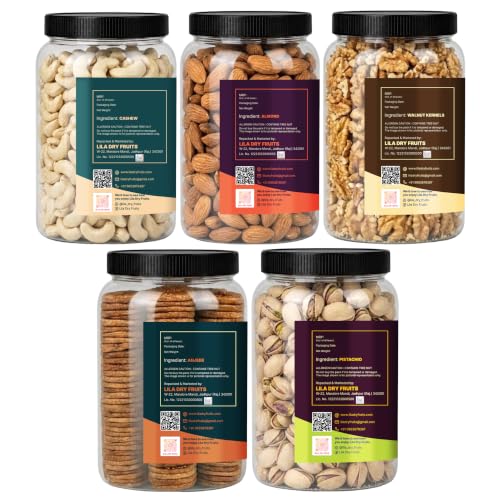 Image of LILA DRY FRUITS Dry Fruits Combo Pack Almonds, Cashews, Walnuts, Pistachios & Anjeer 100 Gms x 5 Mixed Dry Fruits for Daily Snacking Perfect for Gifting