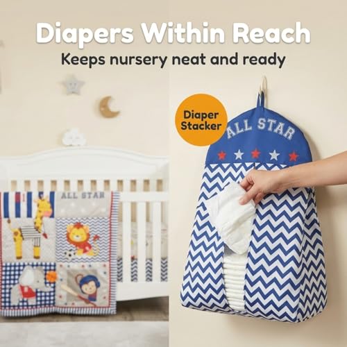 Image of EVERYDAY KIDS 4 Piece Boys Crib Bedding Set - Jungle Sports - Soft 100% Cotton Percale - Includes Quilt, Fitted Sheet, Dust Ruffle and Diaper Stacker - Nursery Bedding Set - Baby Crib Bedding Set