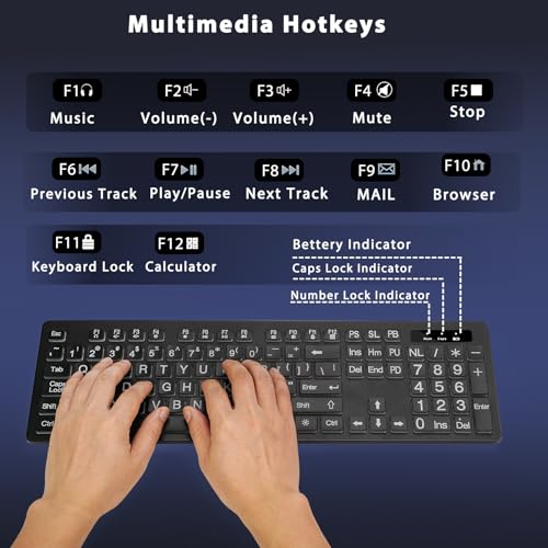 Image of KOPJIPPOM Large Print Backlit Wireless Keyboard, 2.4G Silent Wireless Light Up Keyboard, Full Size Computer Keyboards with 7 Colored Backlits, Rechargeable Keyboards for Windows, PC, Laptop