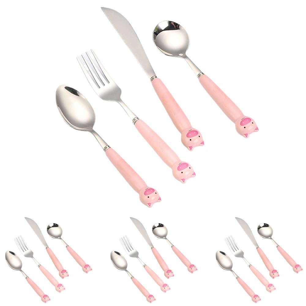 Cartone Animato Animale Ceramica Manico Cucina Acciaio Inox Argenteria Stoviglie Posate Set Bistecca Coltello Forchetta Cucchiaio Cucchiaino (Maiale carino,16 pezzi)