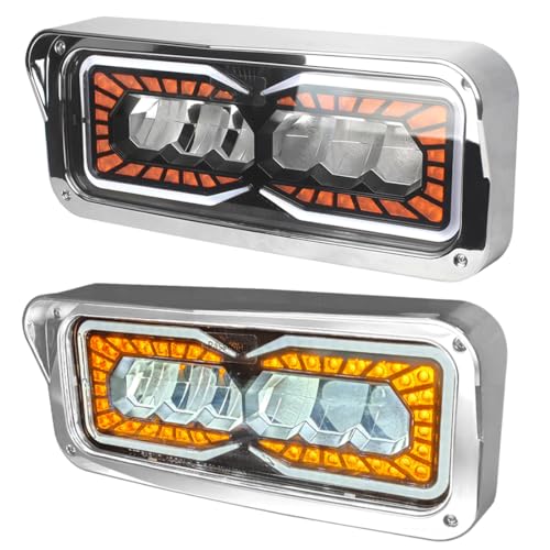 FIT Full Led Projector Headlights White Halo & Amber Signal Pair Compatible with PETERBILT 379 378 365 357 KENWORTH W900 T800 T600 Freightliner Classic Western Star 4x6 LED Lamp Replacement