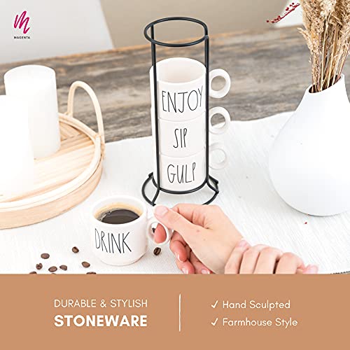 Rae Dunn Coffee-Mug Collection, Stackable Coffee And Espresso Mug Set With Wire Rack, Handcrafted Mugs For Coffee, Tea, Or Espresso, Set Of 4 #TOP3