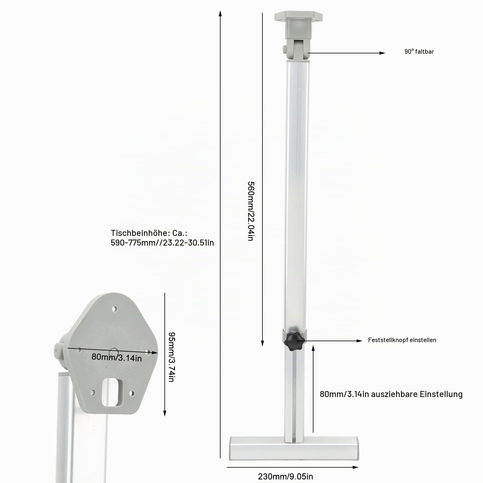 Klappbares Tischbein für Wohnmobile, Robuste Aluminiumlegierung, 590 Bis 775 Mm Höhenverstellbare Tisch-T-Stange für Boot, Yacht, Wohnmobil, Marine, Wohnwagen, Camping,