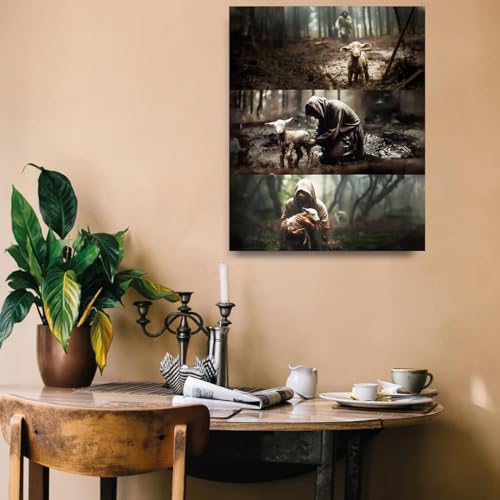 Image of Jesus with Lamb Christian Canvas Wall Art, Shepherd's Rescue Religious Canvas Print, Gallery Wrapped Ready to Hang Fade Resistant Faith Decor for Living Room Bedroom Prayer Room Church