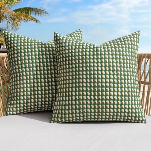 MIULEE Outdoor Texture Throw Pillow Covers Waterproof Pack of 2 Spring Decorative Woven Farmhouse Cushion Covers for Patio Garden Balcony Porch Tent Bench Sofa 18x18 Inch Green