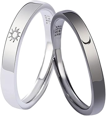 Moon and Sun Couple Rings, Mens and Womens Ring, Electrolytic White Steel Moon Ring for Women Sun Ring for Men Adjustable Promise Rings