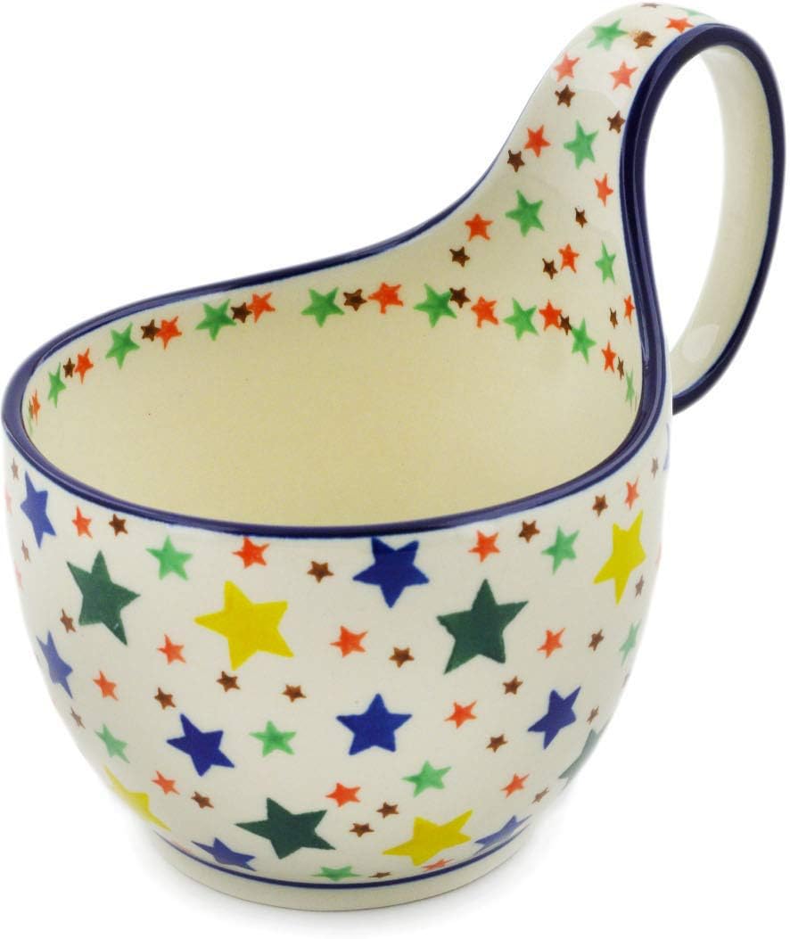 Polmedia Polish Pottery Bowl with Loop-Handle 6-inch - Star Fiesta Pattern Handmade in Boleslawiec Poland by Ceramika Artystyczna + Certificate of Authenticity
