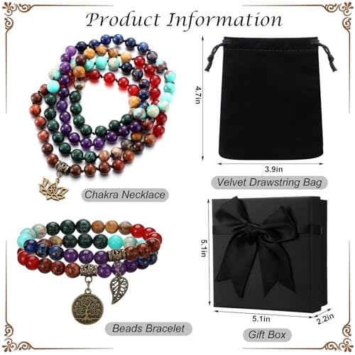 Kingdder 3 Pcs 7 Chakra Meditation Jewelry Gifts for Women 108 Mala Beads Necklace Healing Mala Beads Necklace Strech Bracelet Set Yoga Reiki Jewelry2