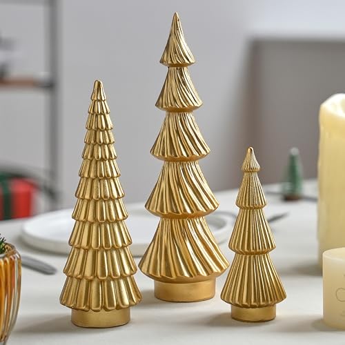 FESTGLOX Gold Christmas Trees Small Resin Christmas Tree Figurines, 3Pcs Decorative Tabletop Trees for Xmas Decorations Indoor Mantel Centerpiece
