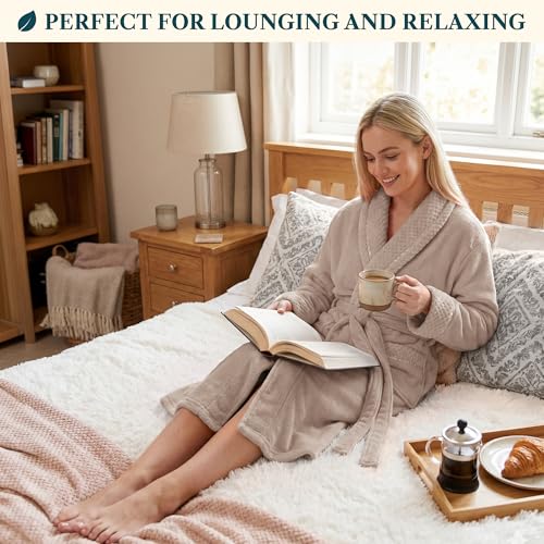 Image of PAVILIA Women's Plush Fleece Robe, Soft Cozy Long Bathrobe with Satin Waffle Trim, Warm Lightweight, Pockets & Tie Belt