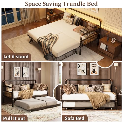 Daybed with Trundle, Twin Daybed with Pop Up Trundle Set,Brown