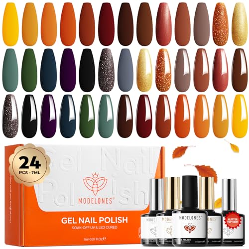 Image of modelones 24PCS Fall Gel Nail Polish Kit, Red Brown Green Yellow Orange Gel Polish Set Soak Off Nail Polish Kit with Glitter, Glossy and Matte Top Base Coat DIY Manicure at Home