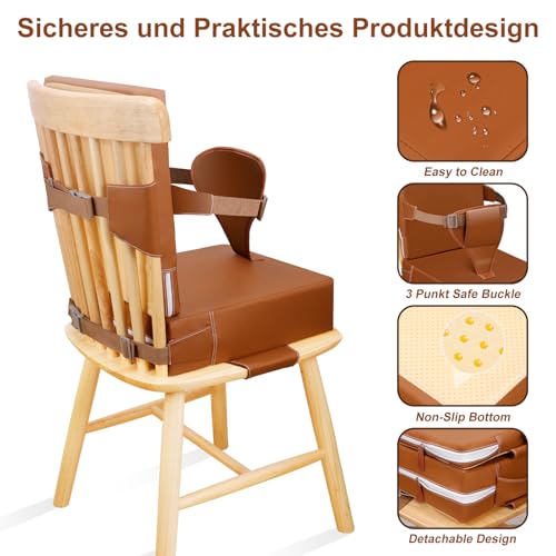 Image of Toddler Booster Seat for Dining Table Kitchen Chair, Waterproof Non-Slip with Backrest & Adjustable Straps, Portable PU Travel Baby Kids Booster Seat Cushion