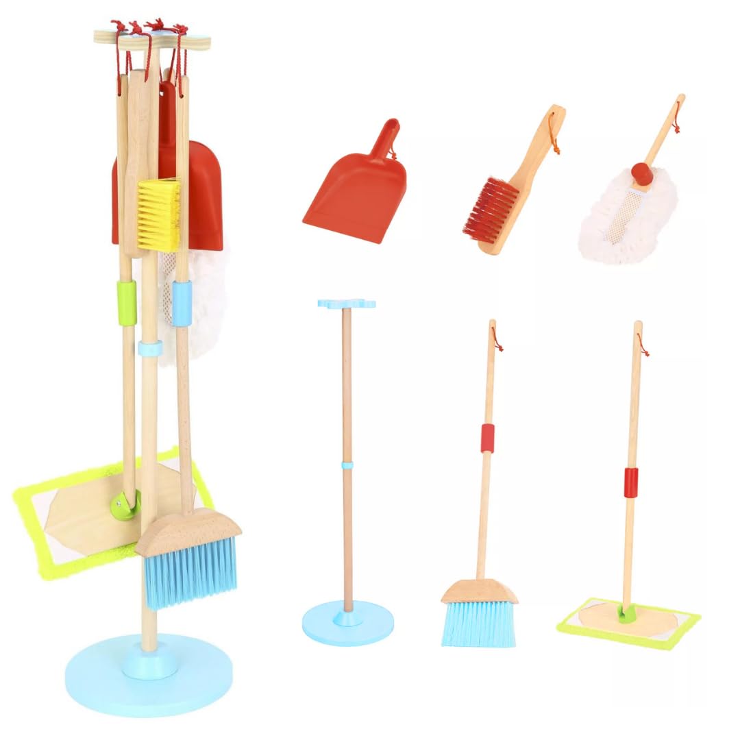 TOYSTER'S Kids Wooden Cleaning Set – Pretend Play Broom, Mop, Duster, Dustpan & Stand – Toy for Toddlers & Kids – Realistic Housekeeping Role-Play Set