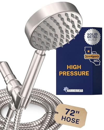 HammerHead Showers® Solid Metal LOW FLOW Handheld Shower Head with Hose and Brass Holder - BRUSHED NICKEL – Water Saving 1.75 GPM Detachable Shower Head - Adjustable Shower Wand Bracket & 6ft Hose