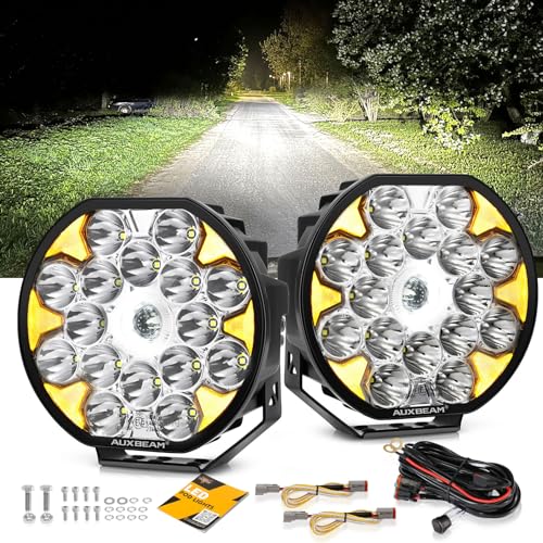 Auxbeam 8.5in Round LED Offroad Driving Light with Amber Turn Signal 220W 25200LM Ultra Brightness Spotlights Light Bar with DRL Spot Beam Ditch Lights Pod for Truck ATV UTV Jeep, 2 Years Wa