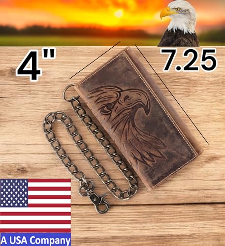 Image of F&L CLASSIC RFID Blocking Mens Tri-fold Long Style Cowhide Leather Steel Chain Wallet,brown eagle head,212-102