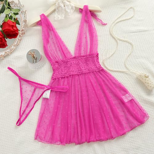 Image of Lilosy Sexy Polka Dots Mesh Sheer Lace Babydoll Chemise Lingerie Set Floral Sleep Wear