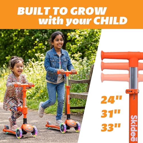 Image of SKIDEE Kick Scooter for Kids Ages 3-5 | Foldable 3 Wheel Scooter with Lean-to-Steer, Adjustable Height, Removable Seat & LED Light Wheels | Toddler Scooter Up to 12 Year Old Boys /Girls