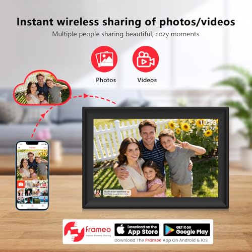 Image of FRAMEO 10.1 inch Digital Photo Frame WiFi HD IPS Touch Screen Digital Picture Frame Expandable Storage via USB or SD Card, Easy Setup Share Photo or Video via Frameo APP, gift for Dad