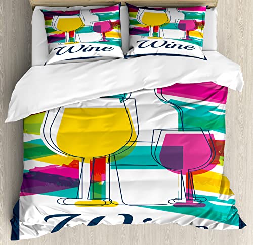 Ambesonne Abstract Duvet Cover Sets, Abstract Style Pop Art Wine Menu Design With Grapes Glasses And Bottles, Bedding Set With 2 Duvet Covers & 4 Pillowcases, 2 Pack King Size, Pink Blue Yellow #TOP13