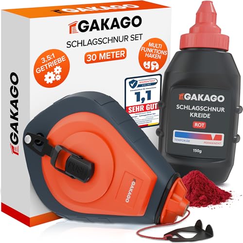 Gakago Schlagschnur Set 30m inkl. 150g roter Kreide (permanent) - Markierschnur mit Aluminium Gehäuse - Effizientes 3 5:1 Getriebe & Freilauf - Farbschnur mit vielseitigem Haken für Bau & Garten