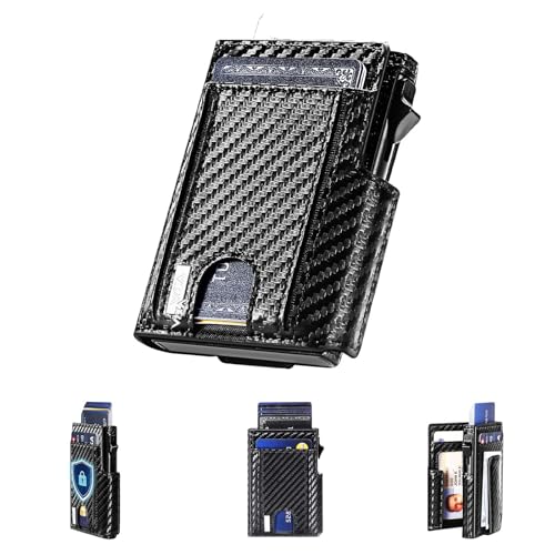 WXM Wallet for Men Pop Up Card Holder ID Window RFID Slim Wallet with Money Clip for 10-15 Cards Stretchable Credit Card Slot Magnetic Closure Compact Metal with Gift Box(Carbon Black)