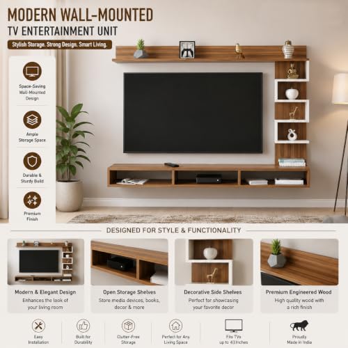 Image of FURNEASER Dettlet Modern Engineered Wood Wall Mounted TV Entertainment Unit for 43 inch TV | Floating TV Cabinet with Open Storage Shelves Racks for Set Top Box, Books & Decor (Exotic Teak & White)