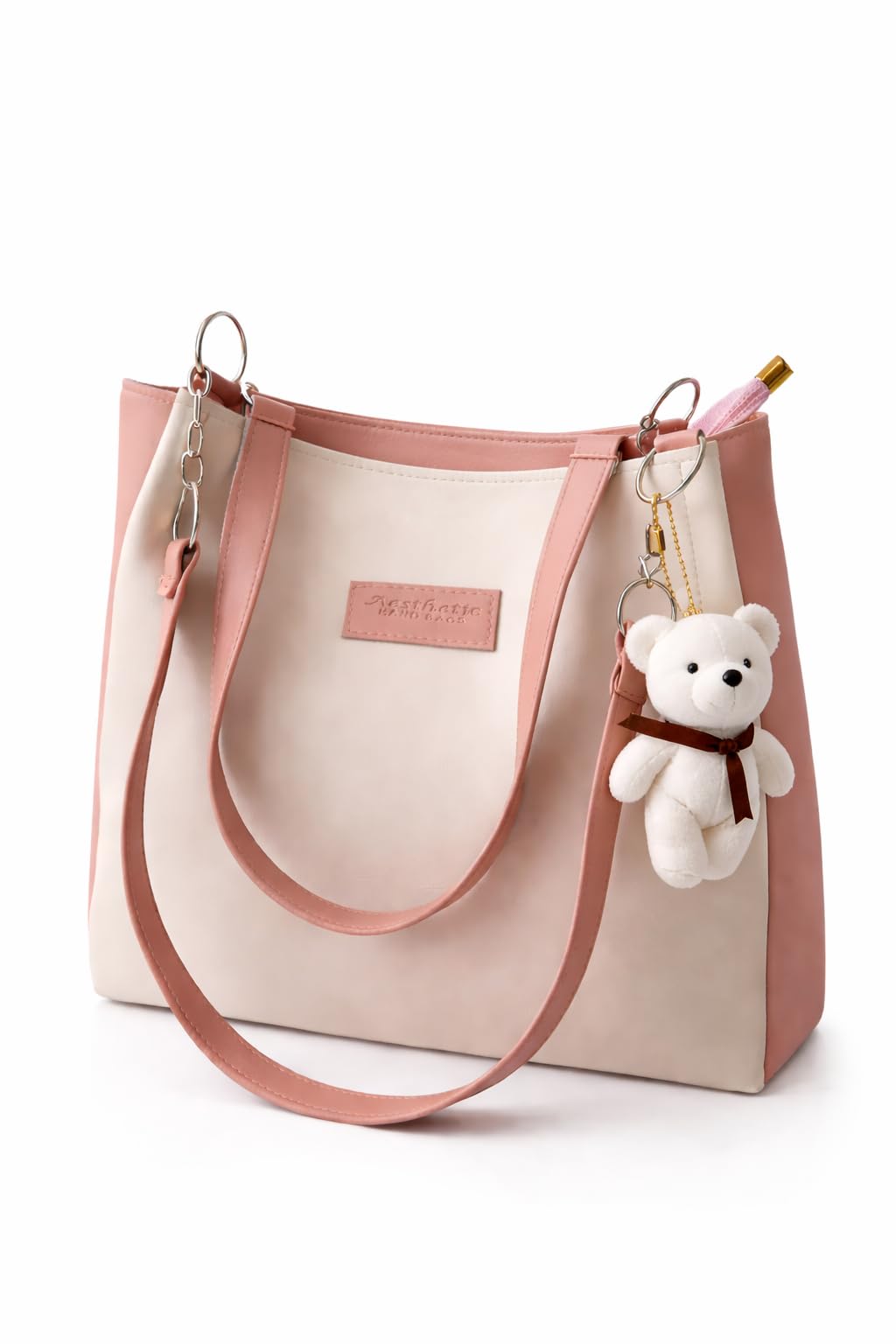 Women Stylish Tote Handbag with Teddy Keychain | PU Leather Shoulder Bag for Ladies | Large Capacity Daily Use Office College Handbag | Lightweight Fashion Purse (Pink & Cream)-image-43