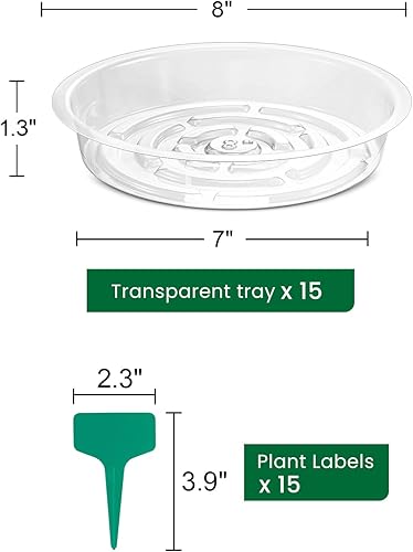Miniatura 10 de GROWNEER 15 paquetes de bandejas transparentes de 10 pulgadas para macetas, con 15 etiquetas para plantas, bandejas de plástico para goteo para