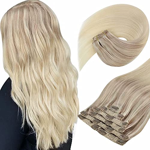 Sunny Clip in Hair Extensions Ombre Blonde Human Clip in Extensions Ash Blonde Ombre Platinum Blonde Clip in Human Hair Extensions Invisible Hair Clip in Blonde Extensions 18inch 7pcs/120g