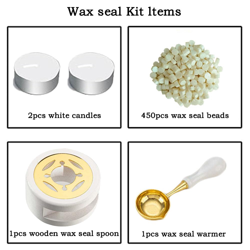 Ioggtser Wax Seal Beads Kit - 450PCS Pearl White Beads, Warmer, Melting Spoon, 2 Candles - for Wedding Envelope Sealing - Image 2