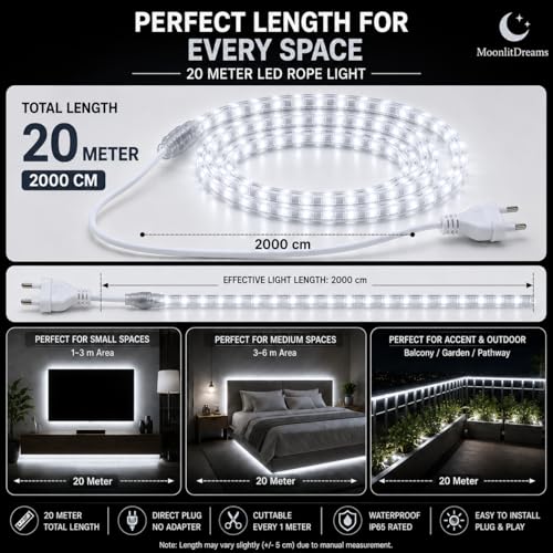 Image of MoonlitDreams 20M LED Rope Light | 120 LEDs /M Waterproof Strip Light | White Flexible Cove Light for False Ceiling, Balcony, Bedroom, Garden & Indoor Outdoor Decoration | Plug & Play Decorative Light