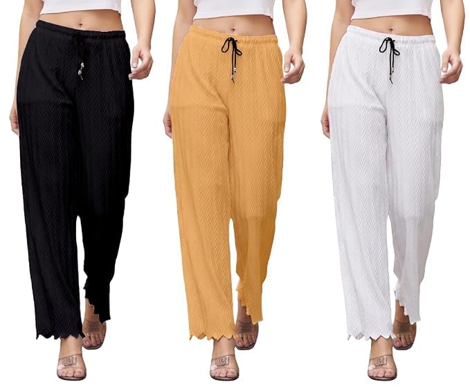 Women's Casual Chevron Textured Palazzo Pants Combo Pack of 3 | Elastic Waist Wide Leg Lounge Wear Bottoms | Relaxed Fit Everyday Trousers | Black, Cream & White-image-8
