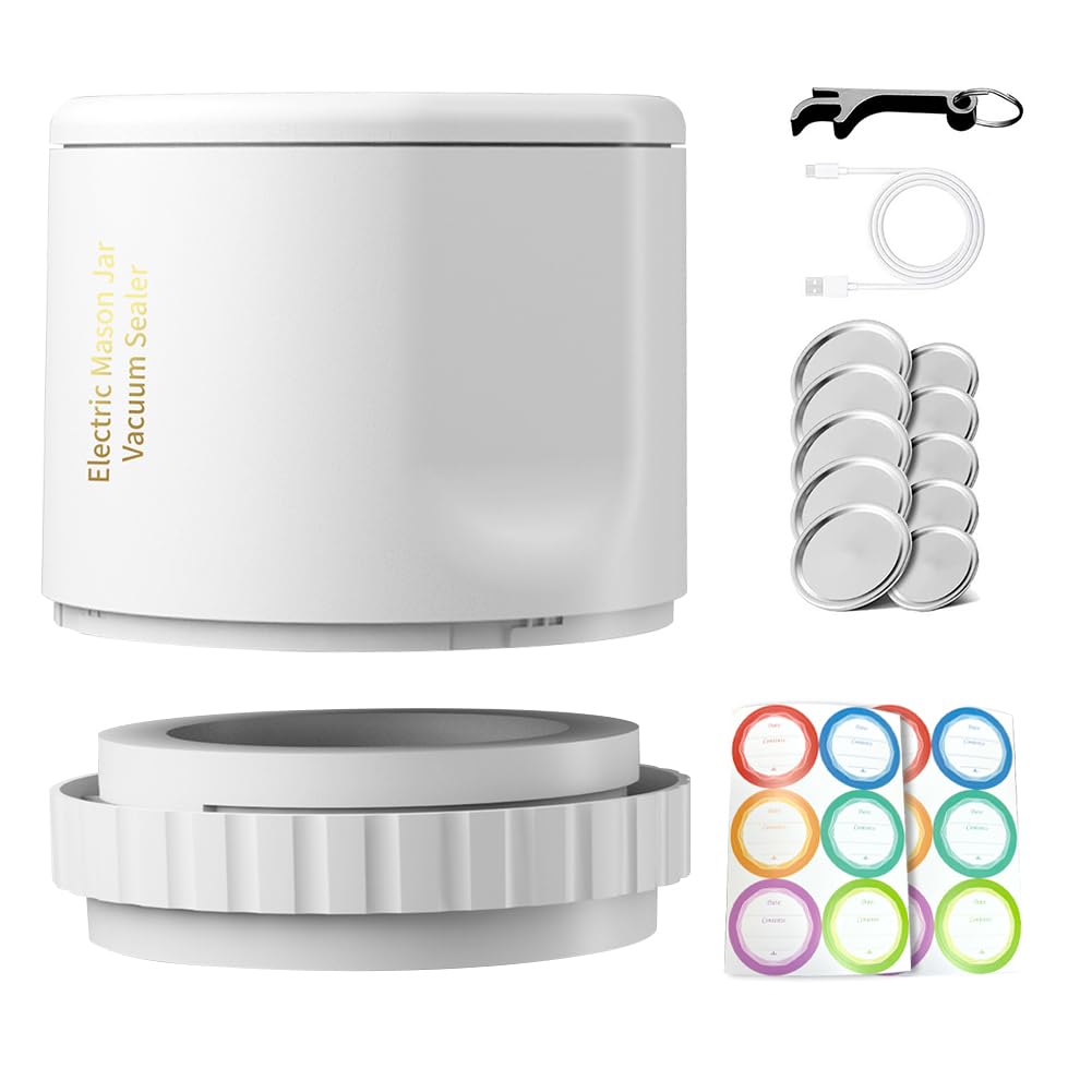 Sellador al Vacío Mason Jar Máquina selladora al vacío de tarros eléctricos, Kit de sellador al vacío inalámbrico for tarros de boca ancha y boca Regular, Kit de bomba de sellado(White 2 Stickers)