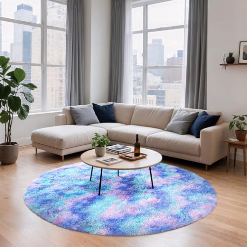 Rainbow Round Rug for Bedroom, 5Ft Fluffy Circle Area Rugs for Living Room, Shag Fuzzy Carpet for Kids Room, Nursery, Dorm, Classroom, Teen, Cute Baby Play Mat Home Decor Aesthetic, Blue