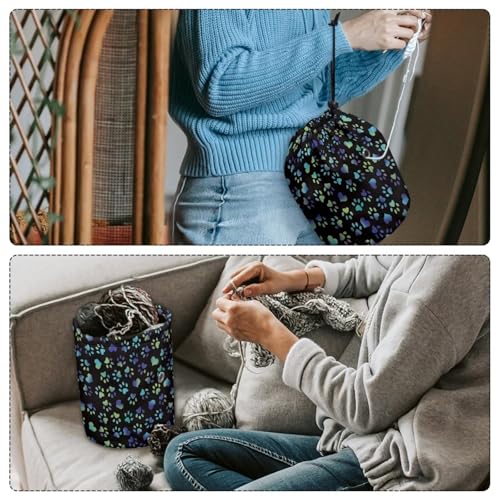 Image of Sellikakes Yarn Bag Knitting Storage Bag, Blue Dog Paws Small Crochet Bag Portable Knitting Bag Organizer Yarn Storage Knitting Bags, Store Skein Ball, Needles Accessories