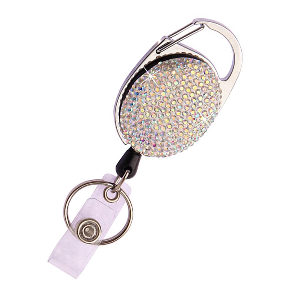 Bling Rhinestone Retractable Badge Reel, Glitter ID Badge Holder with Belt Clip and Key Ring, Pull Cord up to 24 inches