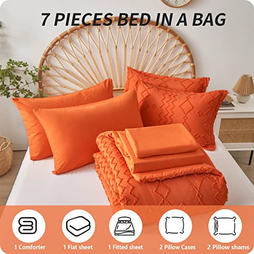 Flymme Tufted Bed In A Bag Twin Size Comforter Set With Sheets, Soft Lightweight Geometric Embroidery Bedding Sets 7Pc, Boho Shabby Chic Farmhouse Collection For All Season (Burnt Orange, 68''X 86'') #TOP3