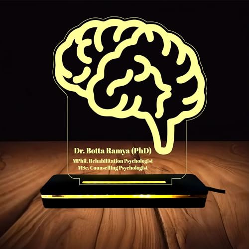 Image of PRINTKART Doctors Name and Designation Personalized LED 3D Illusion Lamp Gift for Doctor Laser Cut Acrylic Transparent Brain Design 6 x 6 Inches with Wooden Base