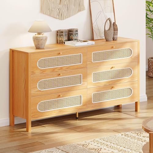 DWVO Buffet Cabinet Rattan - Storage Cabinet with 6 Wood Storage Closet Dressers Chest