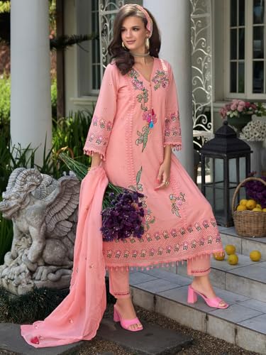 Image of INDO ERA Women's Straight Pure Cotton Floral Embroidered Kurta & Pant with Dupatta Set (IEOUT11423)