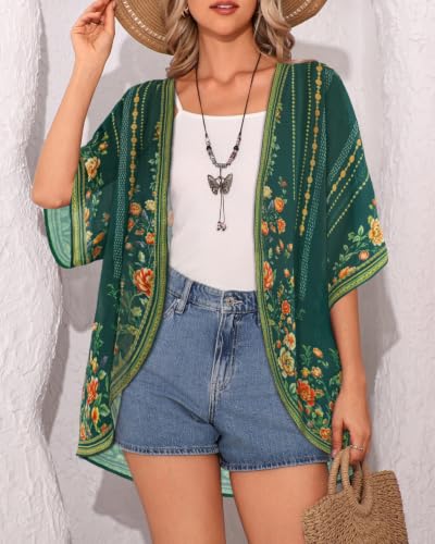 Image of CHICGAL Womens Floral Kimono Cardigan Beach Cover Up Casual Summer Tops | 2026 Puff Sleeve Open Front Chiffon Outfit,Hawaiian Shirt,Beach Vacation Swimwear, Plus Top,Boho ladies Blouse,Cruise Resort