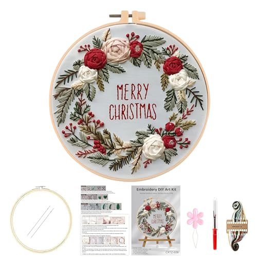 Image of Huacan Embroidery Kits for Adults Beginner DIY Cross Stitch Stamped Christmas Pattern Stitching Wreath Sewing Kit 1 Piece 7.8 x 7.8 Inch