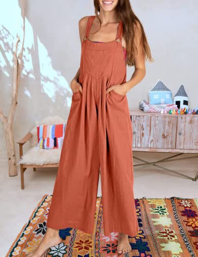 Himythe Women's Overalls Casual Loose Sleeveless Adjustable Straps Wide Leg Jumpsuits Summer Flowy Rompers With Pockets(0034-Burntorange-M) #TOP3