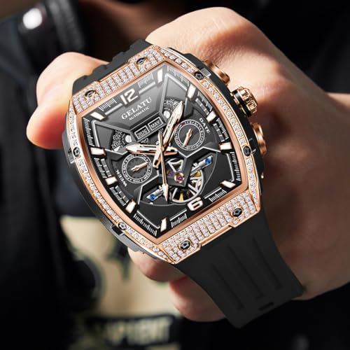 Image of OLEVS Men Watch Automatic Tonneau Watch Skeleton Mechanical 50M Waterproof Square Male Watches White /Black /Rose Gold