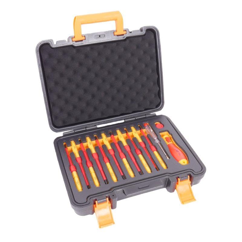 Gear4Garage 13pc VDE Screwdriver Set 1000V Insulated Electrician Screwdriver Set Interchangeable Blade Kit Flat 3.0 4.0 5.5 6.5mm Phillips PH1 PH2 Locking Handle Electrical Tools